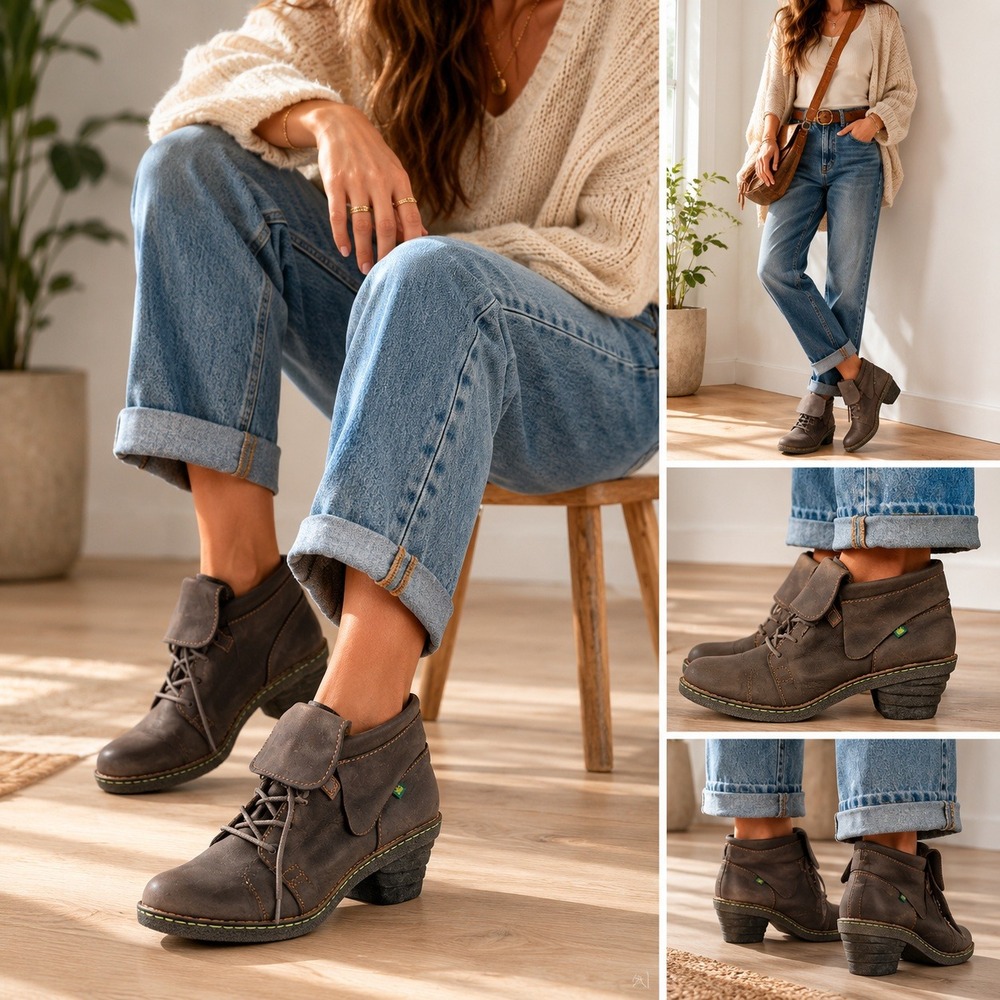 El Naturalista Brown Leather Lace Up Ankle Boots Fold Over Tongue Womens 9 EU 40